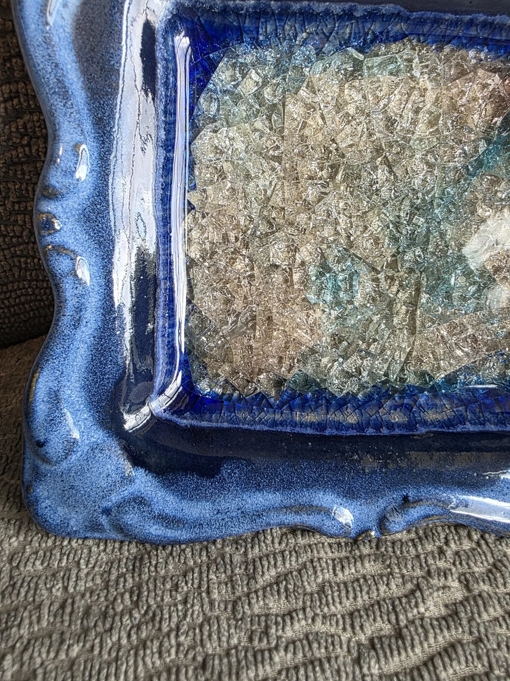 Art Pottery Cobalt Blue Glazed Trinket Dish Crackle Glass Infused Made In USA